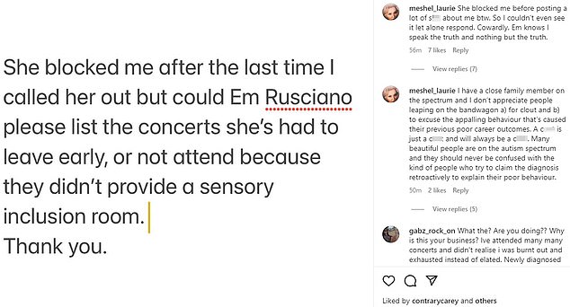 TEXT SAYS: She blocked me after the last time I called her out but could Em Rusciano please list the concerts she’s had to leave early, or not attend because they didn’t provide a sensory inclusion room. Thank you.