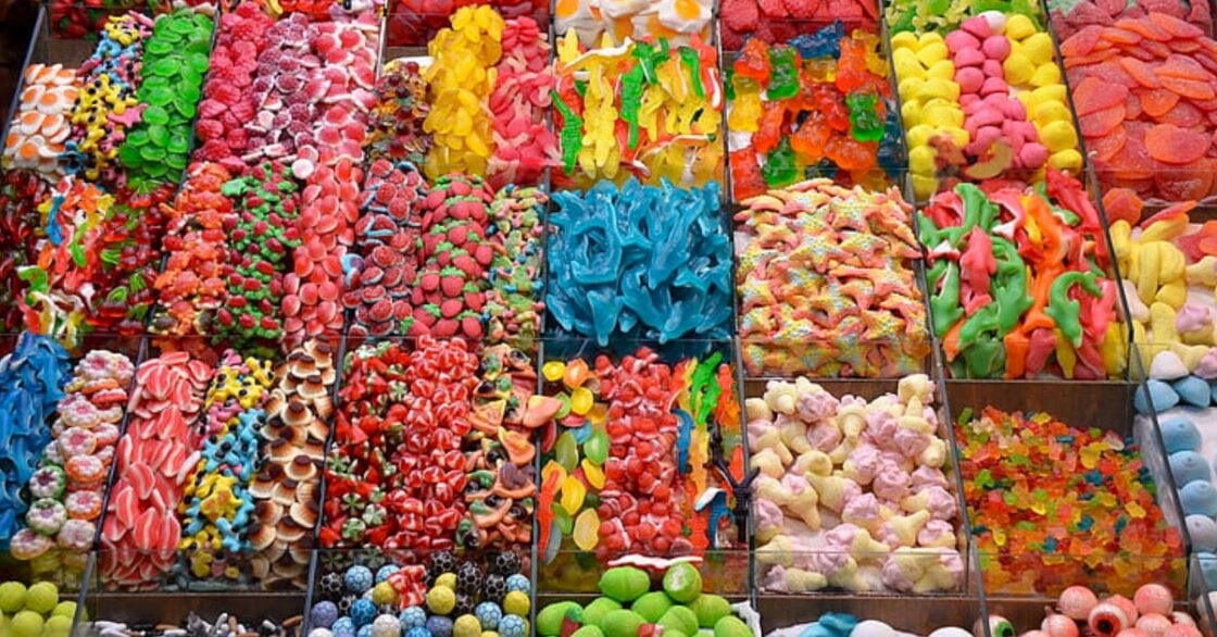 An array of sections of different types of mixed lollies