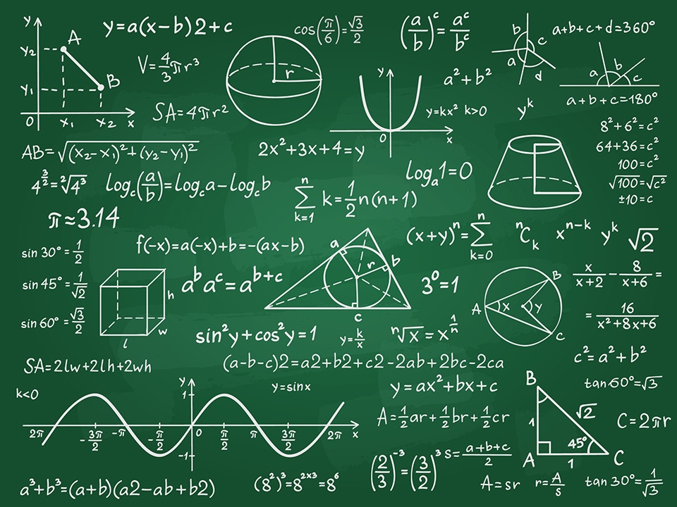 Mathematics calculus on class chalkboard. Algebra and geometry science handwritten formulas vector education concept. Formula and theory on blackboard, science study illustration